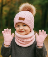 Conjunto inverno infantil feminino tricot com gorro peluciado e luvas para frio intenso confortável e estiloso